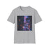 Cyberpunk charcoal T-shirt with neon cityscape print and regular fit