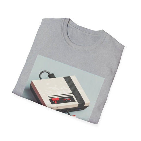Retro gaming console and pixel art t-shirt, charcoal regular fit.