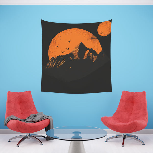 Mountain Dawn: A Minimalist Tapestry | Wall Tapestry | All Over Print, AOP, Decor, Halloween, Home & Living, Home Decor, Indoor, Spring Essentials, Sublimation, Tapestry | Prints with Passion