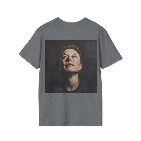 Charcoal cotton crew neck tee with futuristic Elon Musk design.