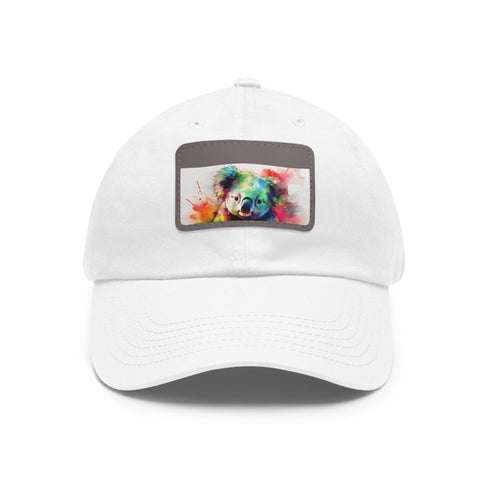 Koala watercolor baseball cap in white with light brown patch.