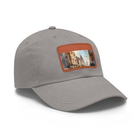 Stylish Melbourne skyline snapback cap in white cotton with light brown patch.
