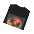 Retro sunset palm tree t-shirt in charcoal cotton, regular fit.