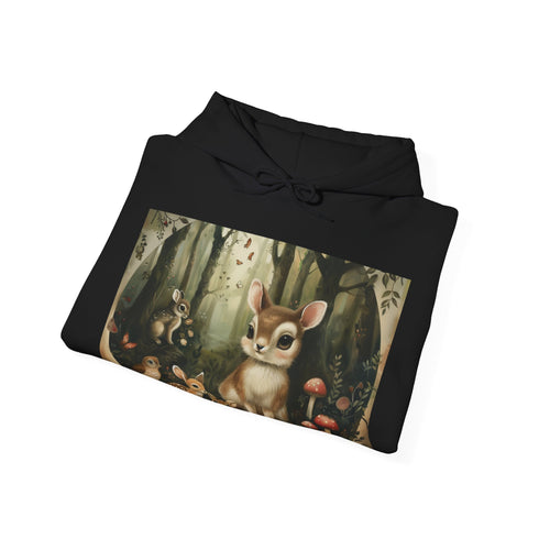 Woodland sanctuary navy hoodie with tranquil forest creatures design.