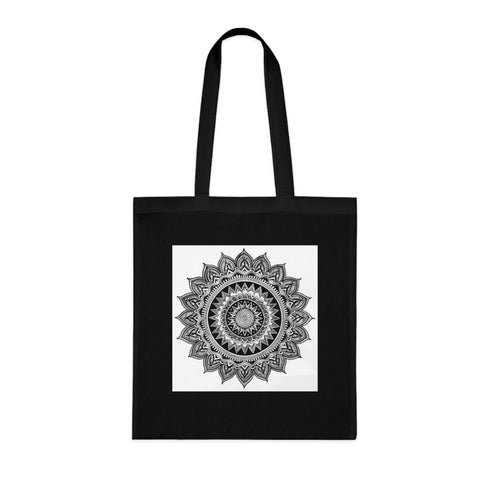 Black cotton Mandala Serenity tote bag with intricate Zen pattern.