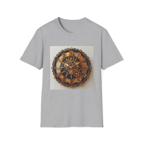 Charcoal steampunk t-shirt with intricate clockwork design and crew neck fit