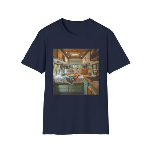 Charcoal cotton T-shirt featuring retro camper van interior graphic design