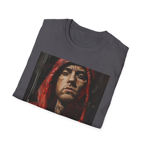 Charcoal T-shirt portraying vibrant Eminem painting capturing energetic lyrical intensity