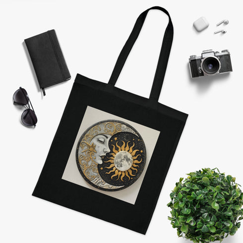Celestial Mandala Tote Bag in Black Cotton, DTG Tote Accessories.