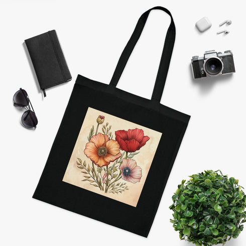 Botanical Sketches Tote Bag, Black Cotton Floral Accessory Artistic Gift
