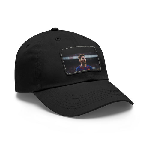 White cotton baseball cap with light brown patch featuring Lionel Messi signature.