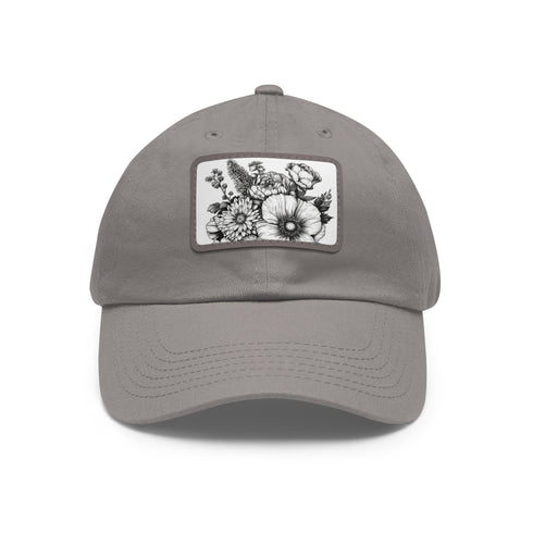 Colorful flower baseball cap with hand-drawn blooms on light brown patch.