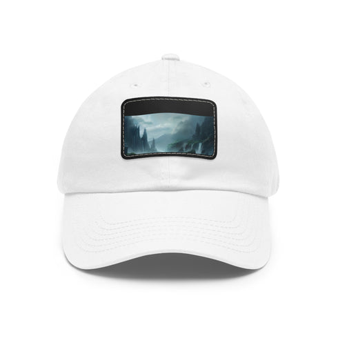 White cotton baseball cap with mystic horizon landscape design.