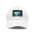 White cotton baseball cap with mystic horizon landscape design.