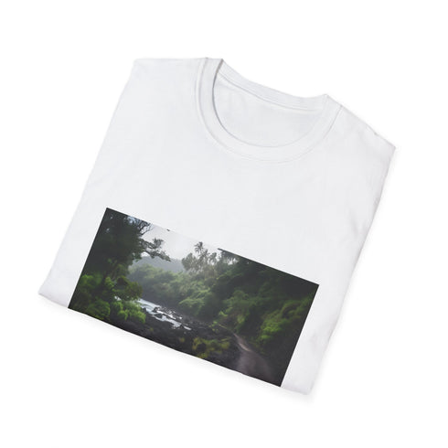 Charcoal cotton crew neck T-shirt with vibrant tropical paradise design