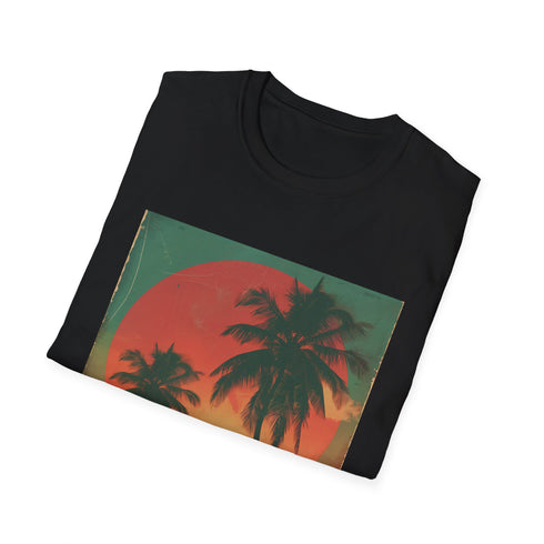 Retro palm tree sunset print t-shirt in charcoal, size small.