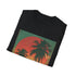 Retro palm tree sunset print t-shirt in charcoal, size small.