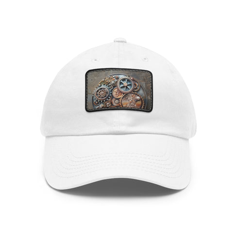 Steampunk gears design cotton baseball cap with white/light brown patch.