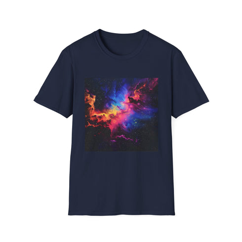 Neon space galaxy t-shirt charcoal crew neck with vibrant cosmic design