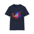 Neon space galaxy t-shirt charcoal crew neck with vibrant cosmic design