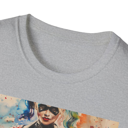 Charcoal cotton Harley Quinn T-shirt with playful vibrant DTG design