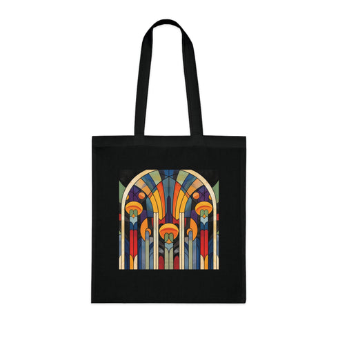 Vintage geometric black cotton tote bag with Art Deco-inspired patterns.