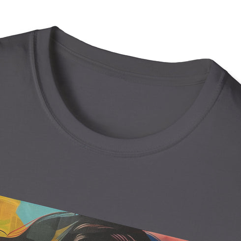 Vibrant charcoal pop art portrait t-shirt in soft cotton with crew neck