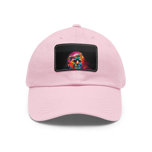 Neon watercolor Trump cap with light brown patch - unisex design.
