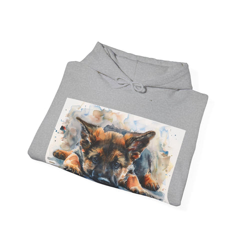German Shepherd hoodie in navy, featuring watercolor puppy painting.