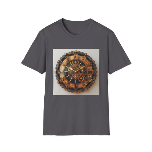 Charcoal steampunk t-shirt with intricate clockwork design and crew neck