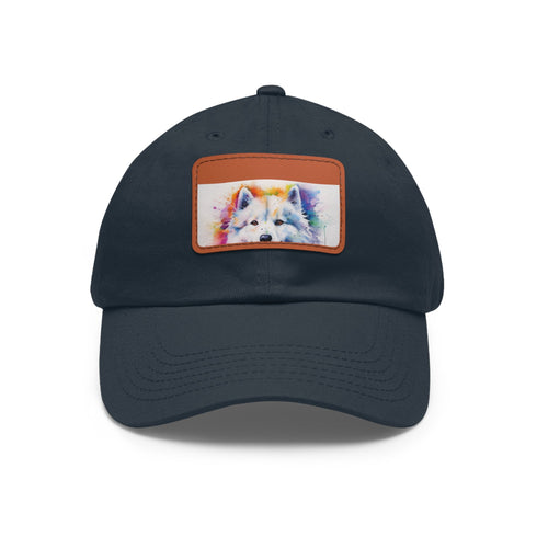White cotton snapback hat with fluffy Samoyed patch.