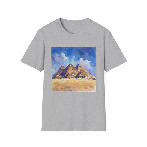 Charcoal cotton crew neck t-shirt with vibrant Egyptian pyramids watercolor design