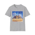 Charcoal cotton crew neck t-shirt with vibrant Egyptian pyramids watercolor design