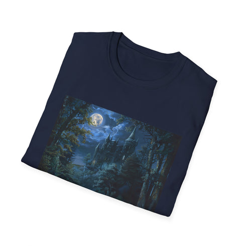 Charcoal cotton t-shirt featuring a moonlit castle forest graphic