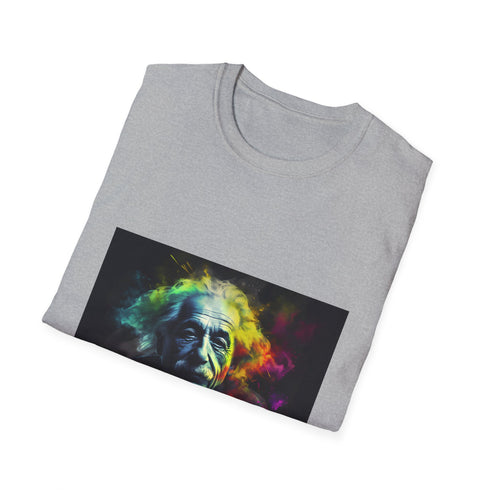 Charcoal cotton T-shirt featuring vibrant neon Einstein canvas art