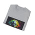 Charcoal cotton T-shirt featuring vibrant neon Einstein canvas art