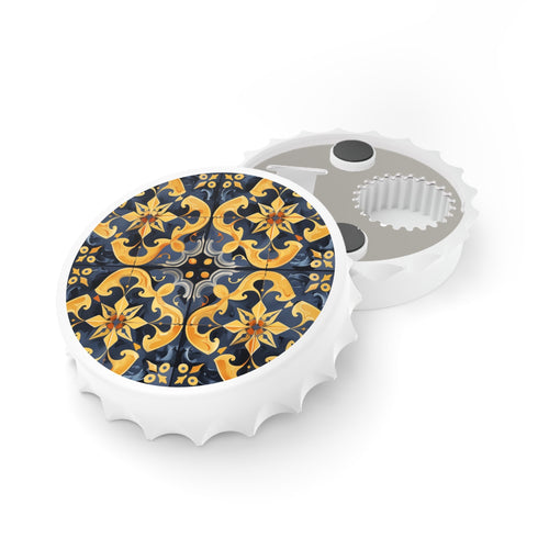 Stylish white artisan tiles bottle opener with seamless pattern design.