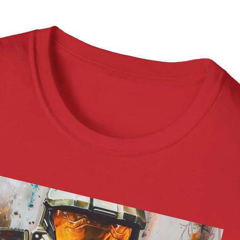 Charcoal cotton crew neck T-shirt featuring Master Chief painting emblem.