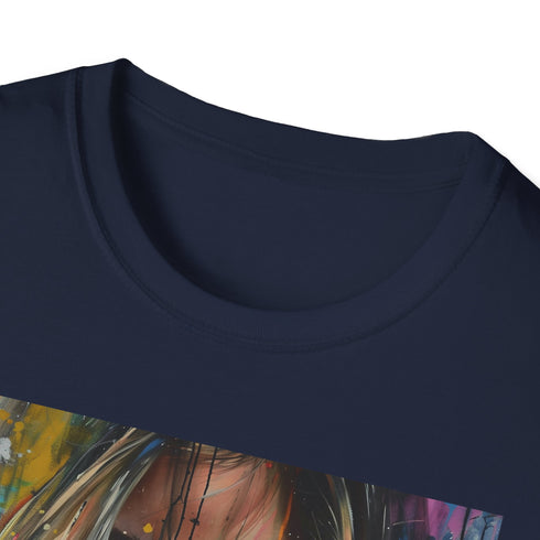 Cotton charcoal T-shirt with Jennifer Aniston portrait and soft brushstrokes