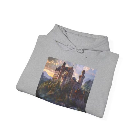 Mystical castle navy hoodie with enchanting castle illustration.