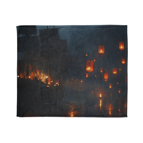 Floating Lanterns Guiding Ghost Ship Plush Fleece Throw Blanket