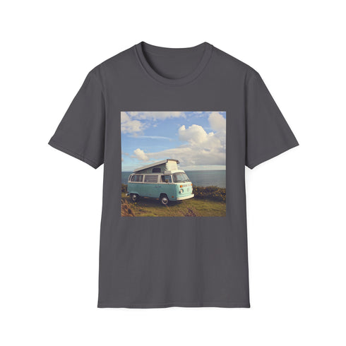 Charcoal cotton T-shirt with retro camper van seaside graphic