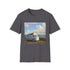 Charcoal cotton T-shirt with retro camper van seaside graphic