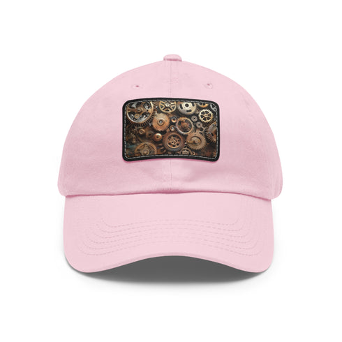 Steampunk cap with gears in white and light brown rectangle patch.