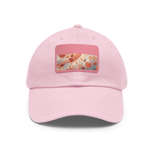 Autumn-themed unisex cotton baseball cap with foliage pattern on white.
