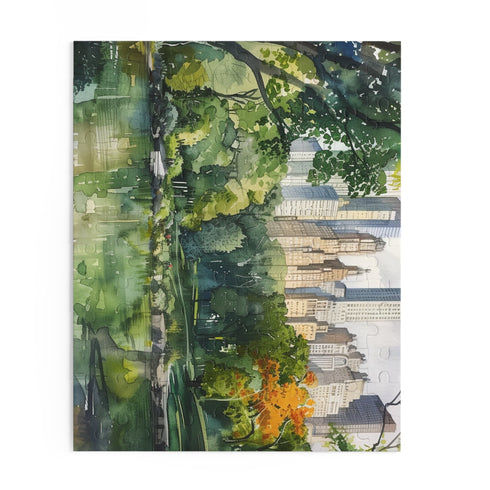 Colorful Central Park watercolor puzzle capturing park scenery and vibrant hues.