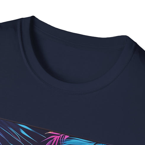 Neon charcoal t-shirt with vibrant tropical palm tree design