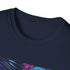 Neon charcoal t-shirt with vibrant tropical palm tree design