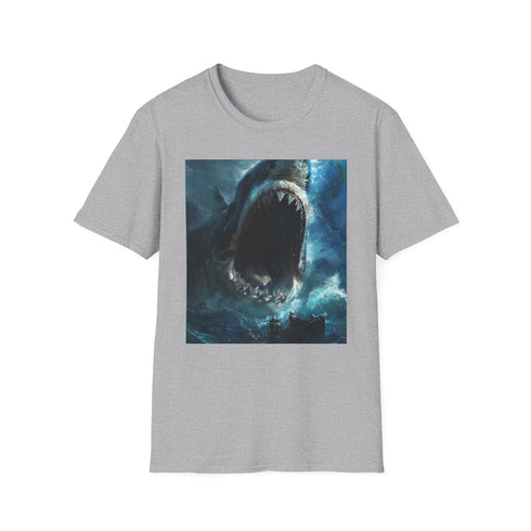 Charcoal cotton t-shirt with Jaws painting of great white shark design