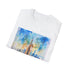 Vibrant Empire State Building watercolor design on charcoal cotton t-shirt.